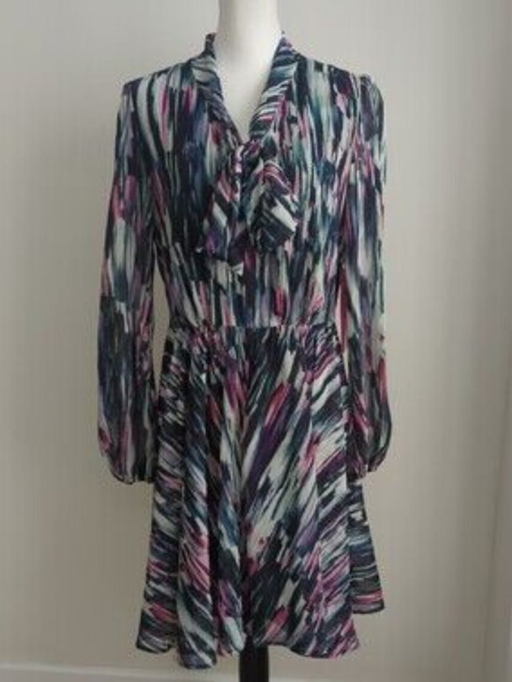 Betsey Johnson Abstract Print Ruffle Tie-Neck Dress= Size 2